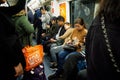 Passengers aboard a crowded subway carriage of the Shanghai Metro