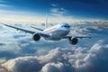 Passengers airplane flying above clouds in blue sky. Concept of fast travel. AI generated