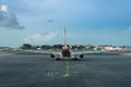 Passengers airplane prepare to airport runway in beautiful twilight in international airport.
