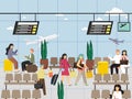 Passengers in airport hall. People walking with luggage, tickets, passport, waiting for flight, vector illustration.