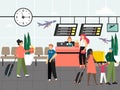 Passengers in airport lounge area concept vector. People in airport terminal waiting for a flight, check-in. Travel by