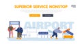 Passengers in Airport Website Landing Page. People Put Baggage on Conveyor Belt, Passing Control, Loader Push Trolley