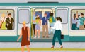 Passengers on crowded platform boarding metro train. People travel by subway train vector illustration. City underground