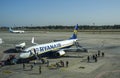 Passengers disembarking from the aircraft Ryanair company at Boryspil International airport, Ukraine