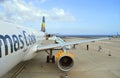 Passengers disembarking form a Thomas Cook Airbus A320 aircraft