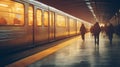 Passengers alight from subway train onto station platform.AI Generated Royalty Free Stock Photo