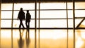 Passengers in front of window in airport, silhouette, warm