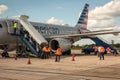 Passengers get off American Airlines airplane at Belize City, Belize