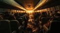 Refugees passengers inside of the airplane in the evening having rays from frontside