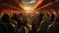 Refugees passengers inside of the airplane in the evening infront of sunrays