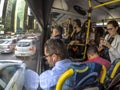 Passengers inside of the bus with traffic jam in Paulista Avenue, in cetral region of Sao Paulo