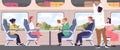 Passengers inside train. People travelling or commuting on railway transport interior, seated family characters with