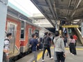 Passengers of the KRL commuter line train who have just arrived at Tanah Abang station Royalty Free Stock Photo