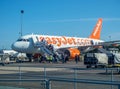 Passengers leaving the Airbus a320 EasyJet airplane Royalty Free Stock Photo