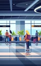 passengers with luggage in arrival waiting room or departure lounge international airport terminal interior vertical Royalty Free Stock Photo