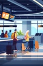 passengers with luggage in arrival waiting room self check in at automatic machine or buying tickets in interactive
