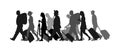 Passengers with luggage walking at airport vector silhouette. Travelers with bags go home. Man and woman carry baggage. People