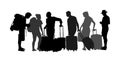 Passengers with luggage walking at airport vector silhouette. Travelers with bags go home. Man and woman carry baggage. People