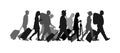 Passengers with luggage walking airport vector silhouette. Travelers with many bags go home.