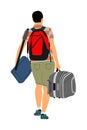 Passengers with luggage walking at airport vector. Travelers with bags go home. Tourist man carry baggage. People with cargo load