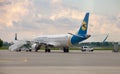 Passengers plane Boeing 737-900ER on the Boryspil airport apron runway. Ukraine International Airlines planes.