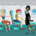 Passengers on the plane during the flight. Woman requests a flight attendant. Flat vector cartoon illustration