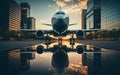 Passengers plane flying over modern architecture, symmetrical view, reflected sunset lights on aircraft, unusual perspective