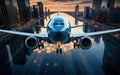 Passengers plane flying over modern architecture, symmetrical view, reflected sunset lights on aircraft, unusual perspective