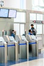 Passengers queued in line for boarding at departure gate