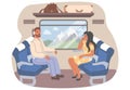 Passengers traveling by train, flat vector illustration. Railroad travel, railway journey.
