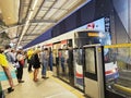 Passengers wait for the BTS Skytrain, an elevated rapid mass transit system, in the platform (Ha Yaek Lat Phrao)