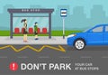 Passengers waiting for transit on a city bus stop. Do not park your car at bus stops warning design.