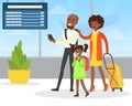 Passengers Walking with Luggage in Airport, African American Family Travelling by Plane Vector Illustration Royalty Free Stock Photo