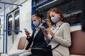 Passengers wearing protective masks using their smartphones while sitting in a subway car. Royalty Free Stock Photo
