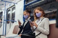 passengers wearing protective masks using their smartphones while sitting in a subway car. Royalty Free Stock Photo