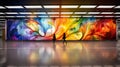 Passengers greeted by vibrant artwork at subway station.AI Generated
