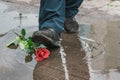 A passerby accidentally steps on a rose thrown into a dirty puddle