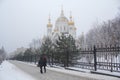 Passers-by near orthodox church of St. Peter and Fevronia. Donetsk