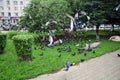 Korolev MO, Korolev Park, summer, pigeons, peaceful inhabitants of the neighborhood, a flock of pigeons.