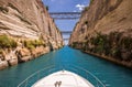 Passing through the Corinth Canal by yacht, Greece. The Corinth Canal connects the Gulf of Corinth with the Saronic Gulf