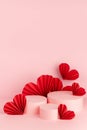 Passion bright romance pink abstract stage mockup in chinese style with three circle podiums, fly red paper hearts, copy space.