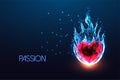 Passion concept with red heart shape and flame in futuristic glowing low polygonal style on blue