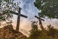 Jesus of Nazareth. Crucifixion. Symbolic representation of Calvary. Two crosses on rocks