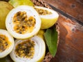 Passion fruit in bamboo basket. Tropical fruit. Sour taste, higt Royalty Free Stock Photo