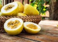 Passion fruit in bamboo basket. Tropical fruit. Sour taste and hi vitamin. Royalty Free Stock Photo