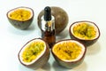 Passion fruit essential oil in a brown glass bottle, alternative medicine. Natural organic essence. Passion fruit seed