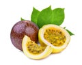 Passion fruit with green leaves on white Royalty Free Stock Photo