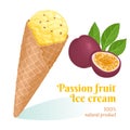 Passion fruit ice cream in waffle cone Isolated on white background. Delicious tropical fruit sweets.