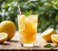 Passion fruit iced tea in a glass with a background of fresh passion fruit slices and lemon wedges. AI generated. Royalty Free Stock Photo