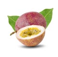 Passion fruit isolated. Whole passionfruit and a half of maracuya with leaves isolated on white background Royalty Free Stock Photo